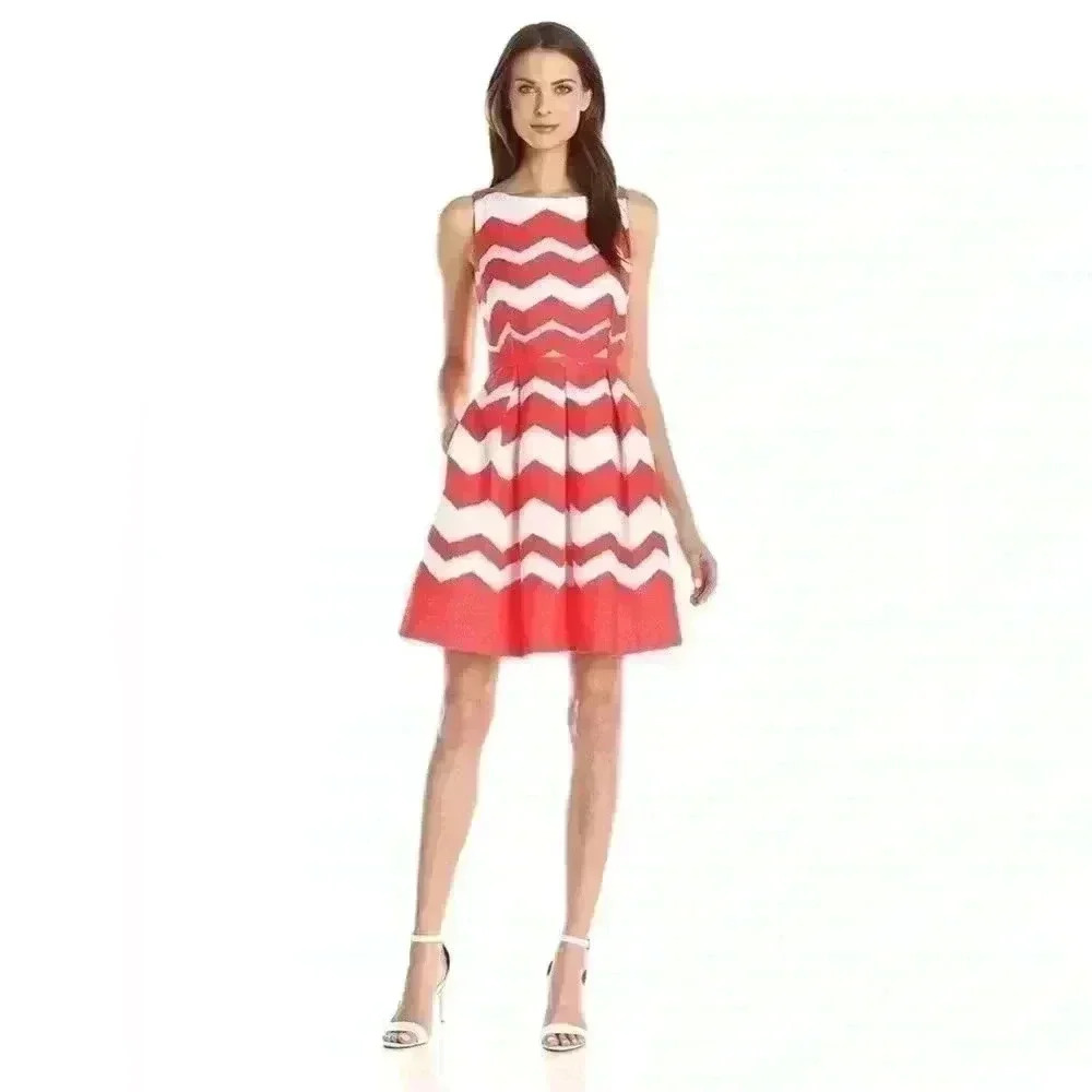 Just… Taylor Red Pink Pleated Flare Chevron Dress Pockets Women’s 12